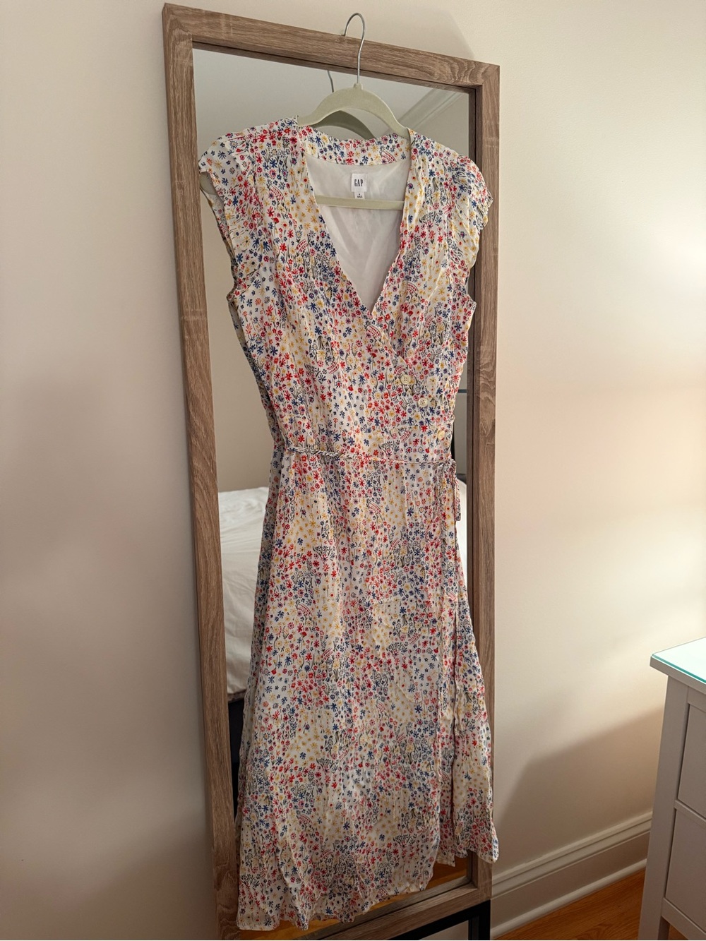 GAP Yellow Floral Wrap Midi Dress with Red & Blue Accents